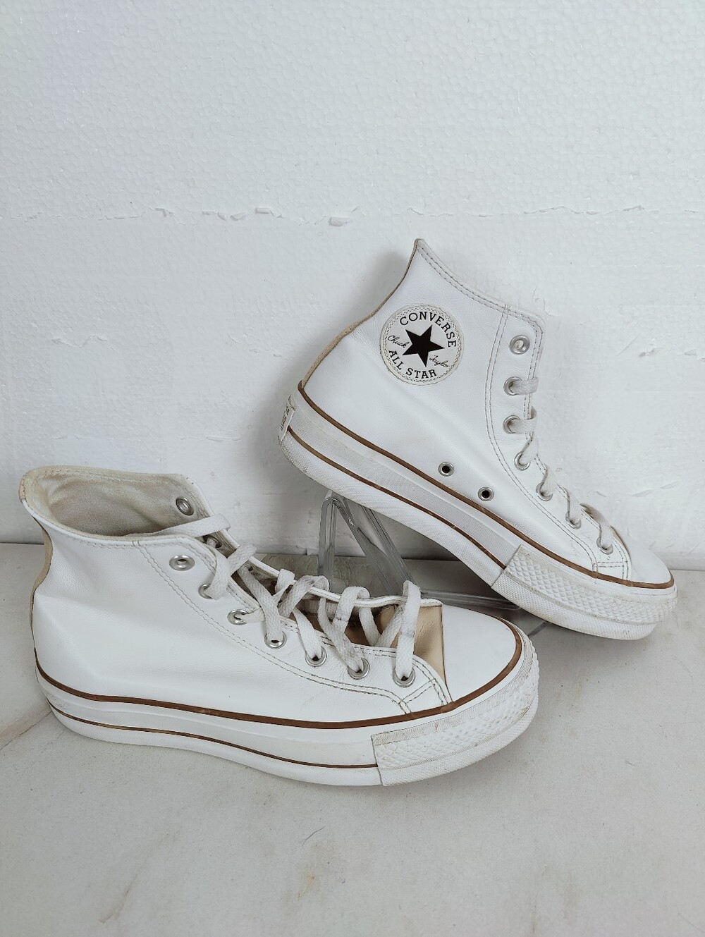 Converse All Star Platform Lift High-Top Sneakers White Tan Leather Heel Stripe,